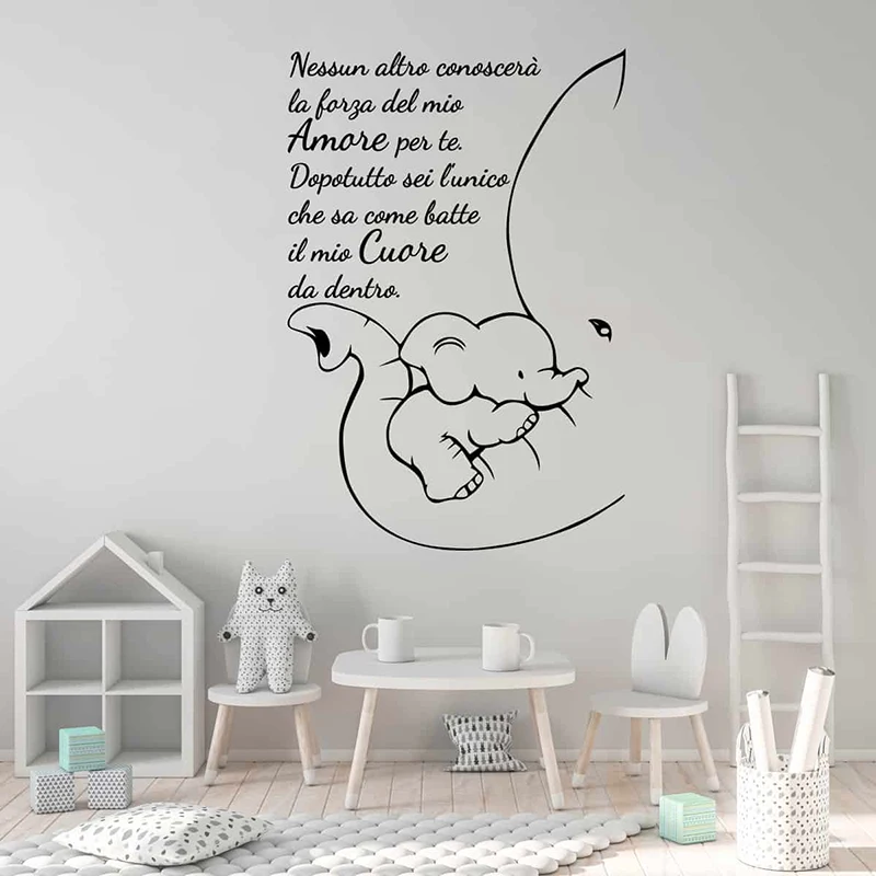 Cartoon Italian Elephant How My Heart Beats Wall Sticker Baby Nursery Kids Room Modern Italian Heart Quote Animal Wall Decal Art