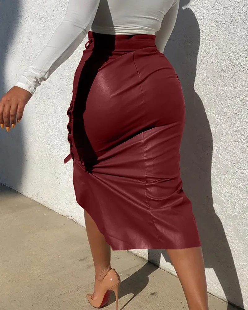 Women Trendy PU Leather Midi Skirt Solid Color High Waist Lace-up Side Button Slim Skinny Pencil Skirt for Ladies Streetwear