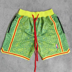 MM MASMIG Los Angeles Style Green Paisley Printed Basketball Shorts with Zipper Pockets Bryant LeBron Street Wear Training Pants