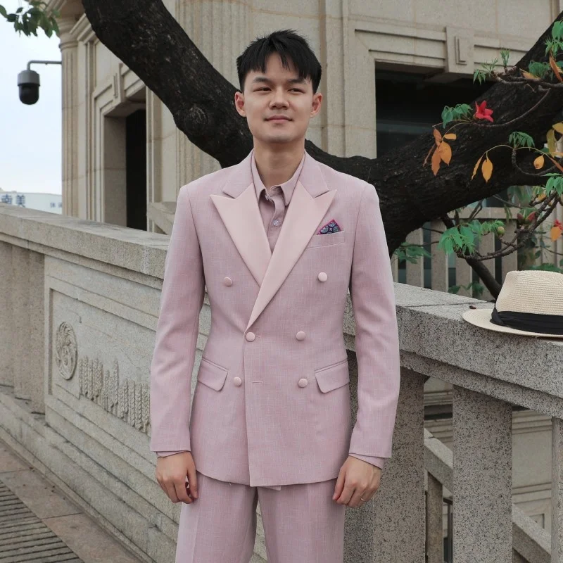 Wedding Pink Groom Suits Double Breasted Blazers Straight Pants Mens 2 Piece Set Fashion Korean Style Business Formal Suit Sets