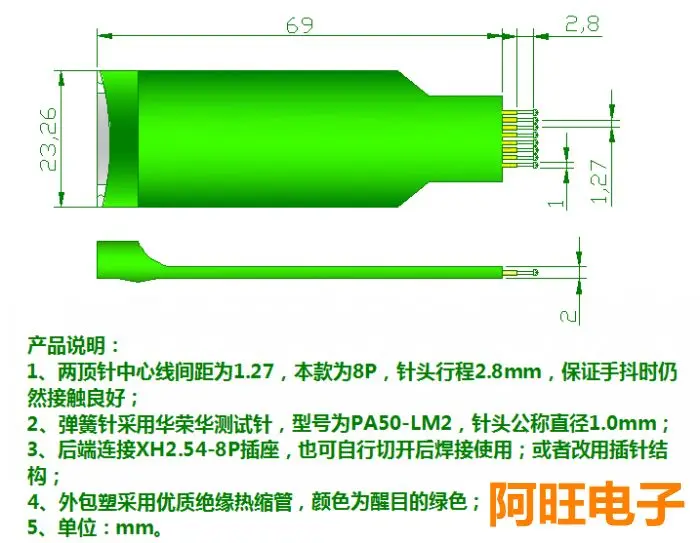 Sonda ardente da agulha da mola da agulha do teste da agulha do programa 1.27-8p 8 pés 1.27 passo 50mil