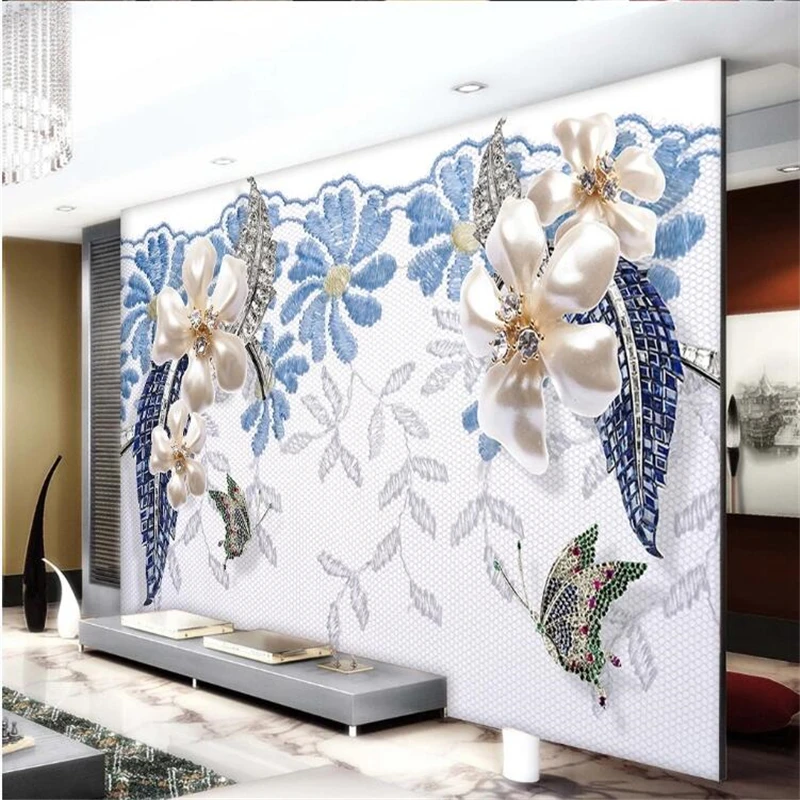 

wellyu Custom Wallpaper White floral blue leaves jewels background wall 3d wall papers home decor papier peint behang tapeta