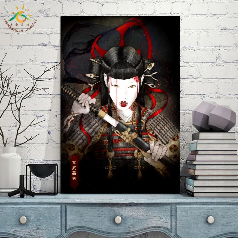 

Japanese Woman Samurai Wall Art Canvas Framed Print Painting Vintage Posters and Prints Wall Pictures for Living Room Decoration