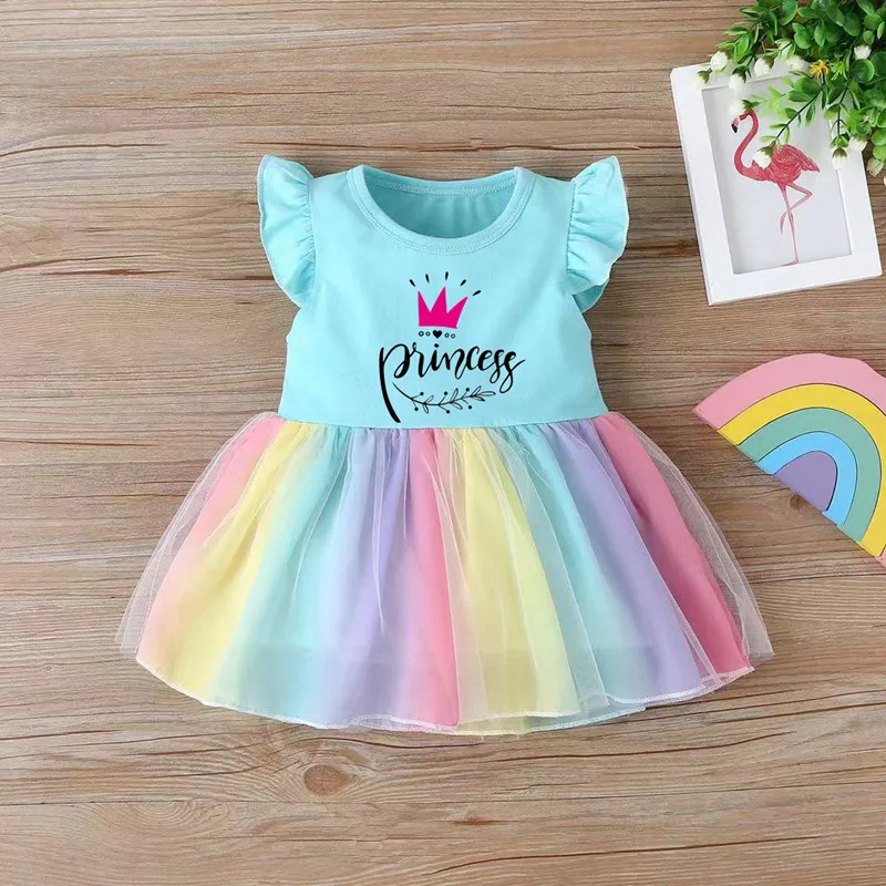 Princess Printed Cute Baby Girl Clothes Cotton Flying Sleeve Girls Rainbow Dresses Casual Toddler Vestidos Birthday Party Dress