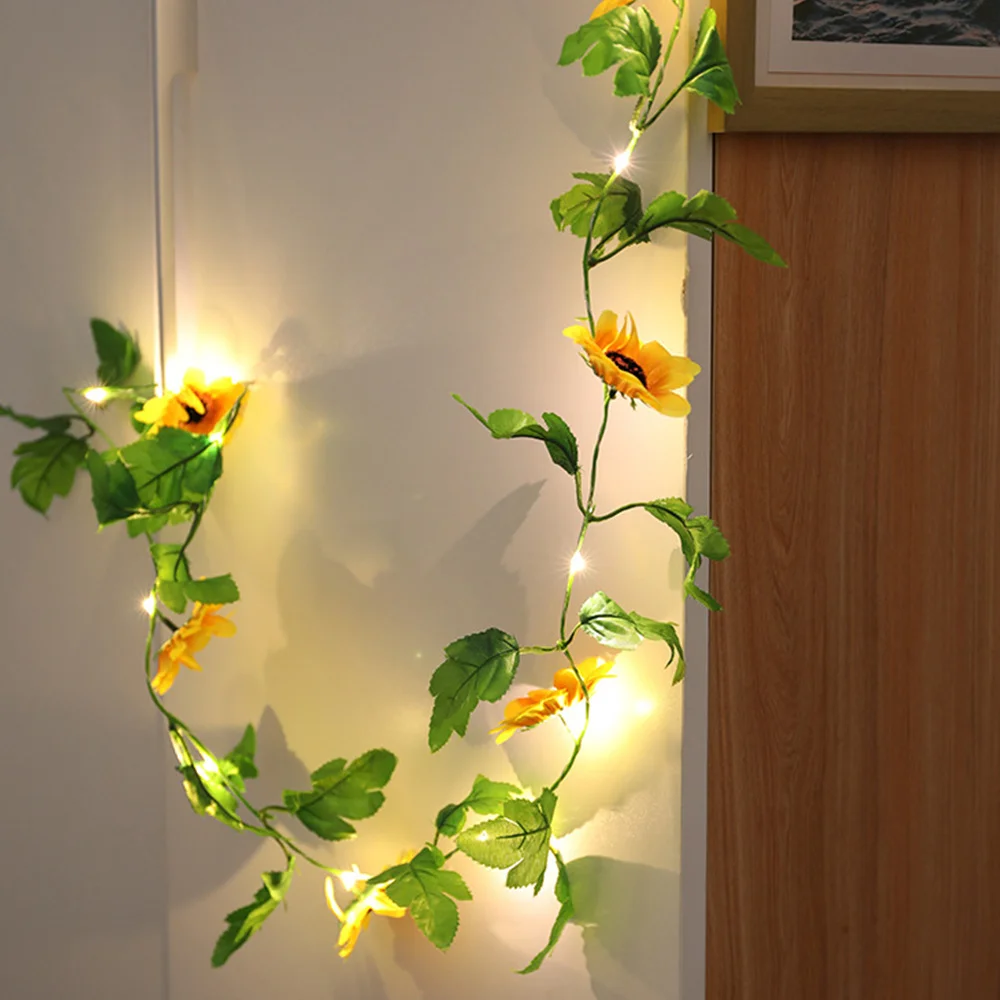 Guirnalda de luces de girasol artificiales, guirnalda de plantas de hoja verde para decoración de bodas, con batería, 2M, 20led