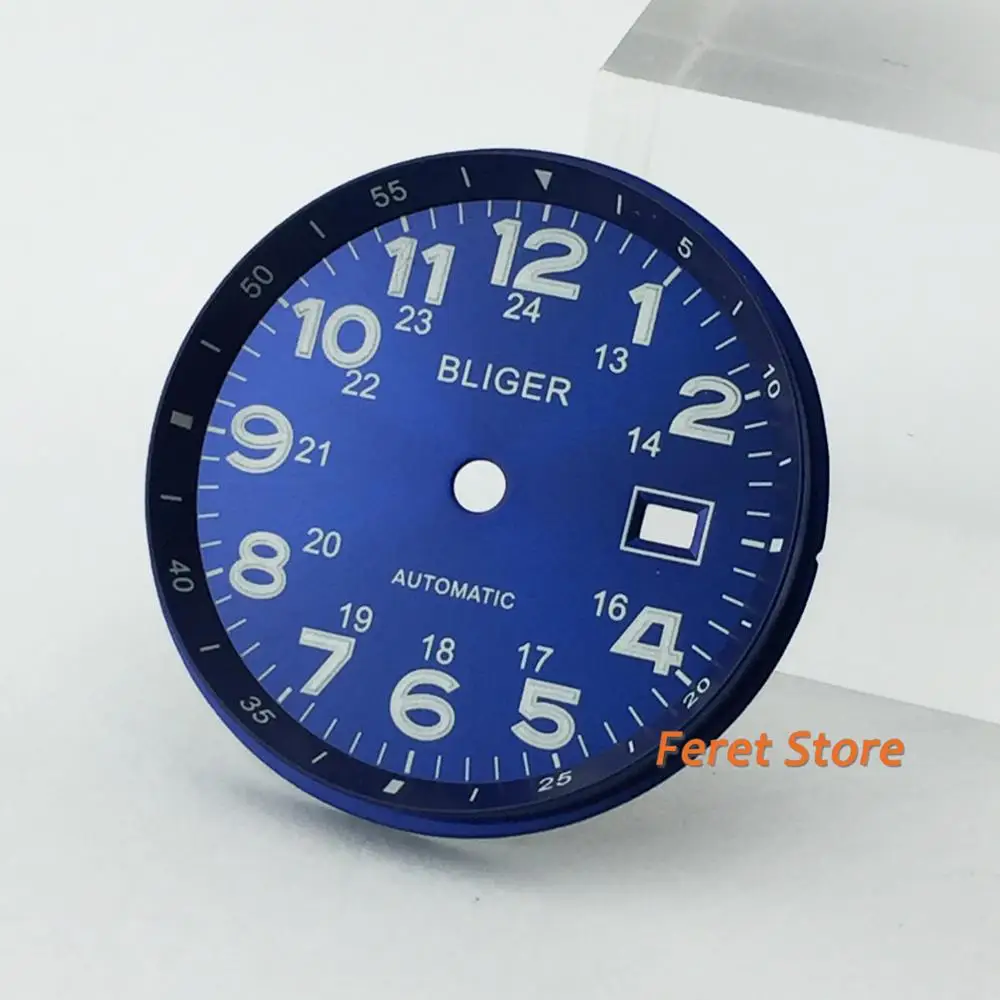 New Bliger Top luxury 33mm Blue Luminous dial date window markings fit 2824 2836 Miyota 8215 8205 821A movement men watch