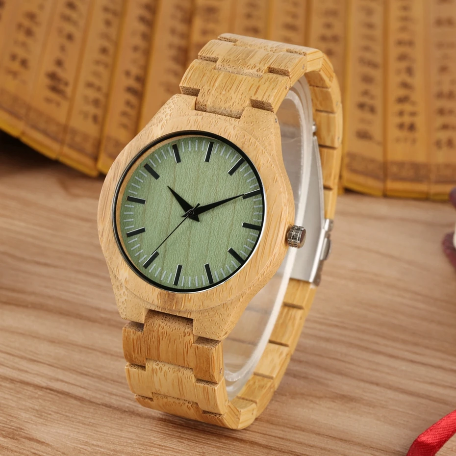 Light Green Dial Wood Watch Men\'s Full Bamboo  Natural Wooden Watches Adjustable Strap Timepieces Bracelet Clasp Clock Male 2020