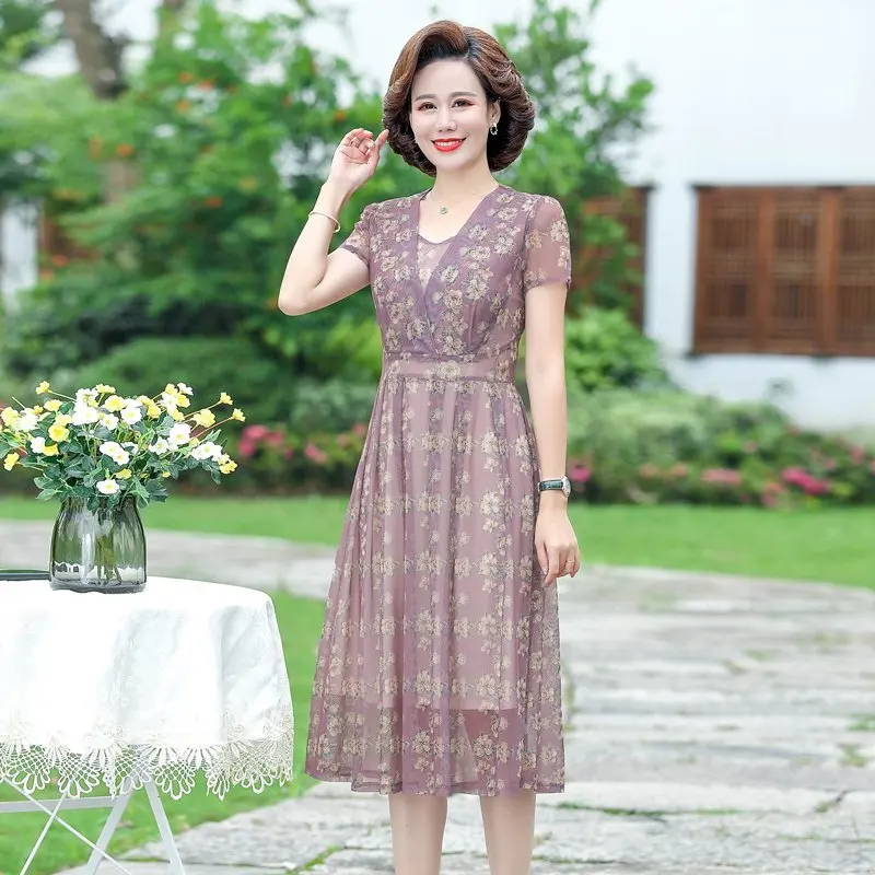 NEW Summer Chiffon Floral Slim Short Sleeve V-Neck A-Line Women Party Cocktail Dresses