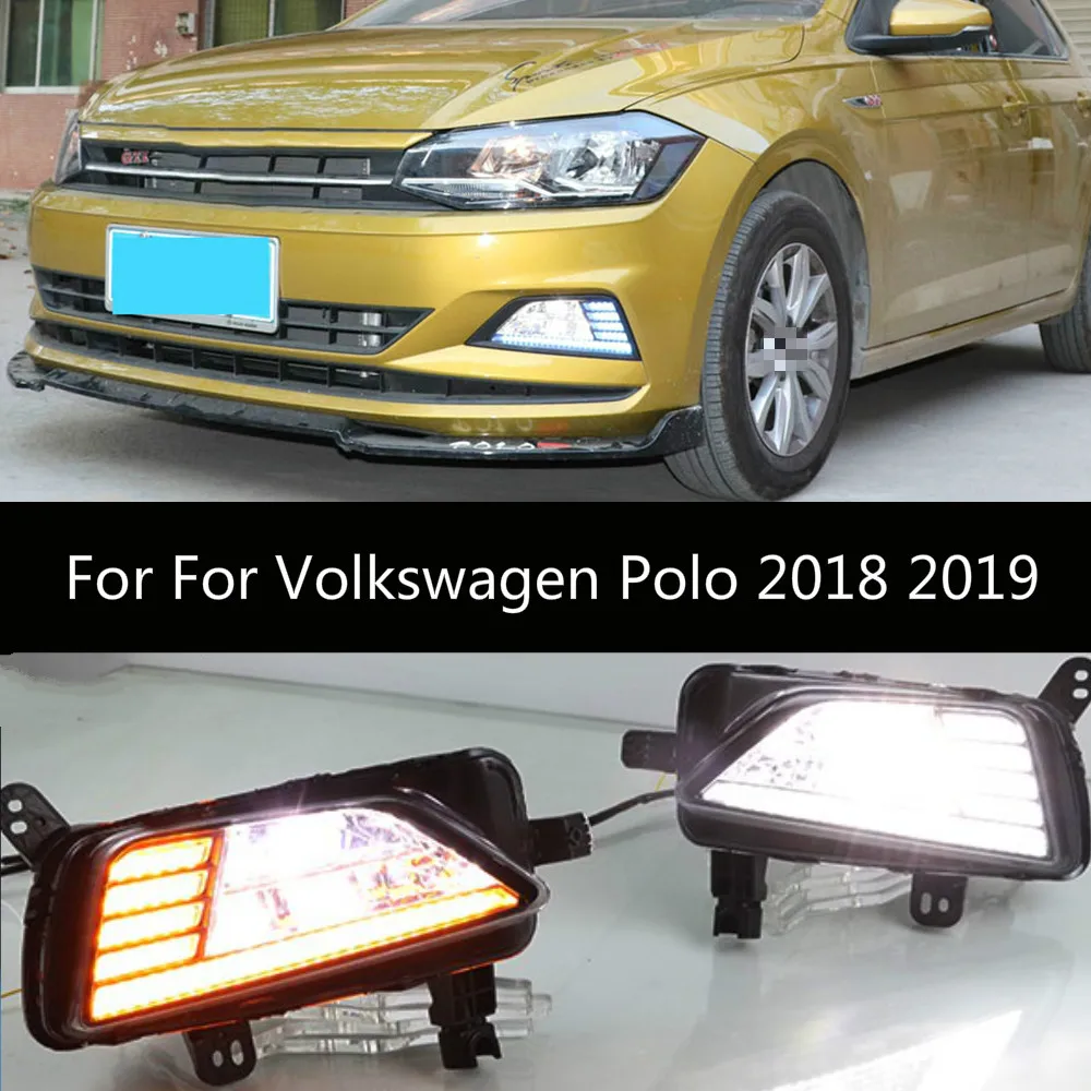 2PCS LED Daytime Running Light For For Volkswagen Polo 2018 2019 Dynamic Yellow Turn Signal 12V DRL Fog Lamp Car Styling