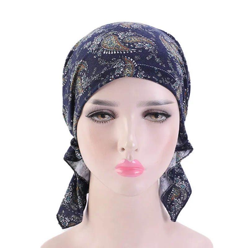 Muslim Women Print Stretch Cotton Pre tied Scarf Turban Hat Cancer Chemo Beanies Caps Head Wrap Headwear Hair Loss Accessories