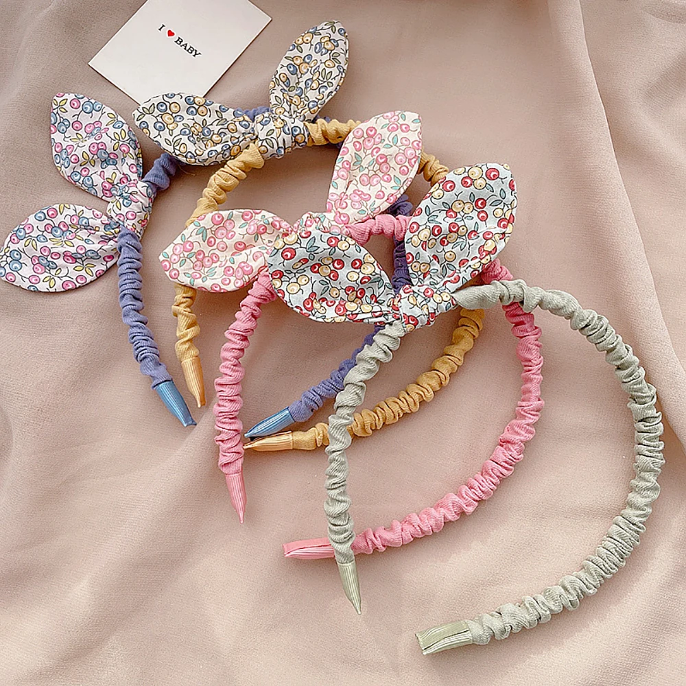 Diadema con Orejas de conejo para niña y niño, diadema con estampado de flores, aros para el pelo, accesorios para el cabello, lazo