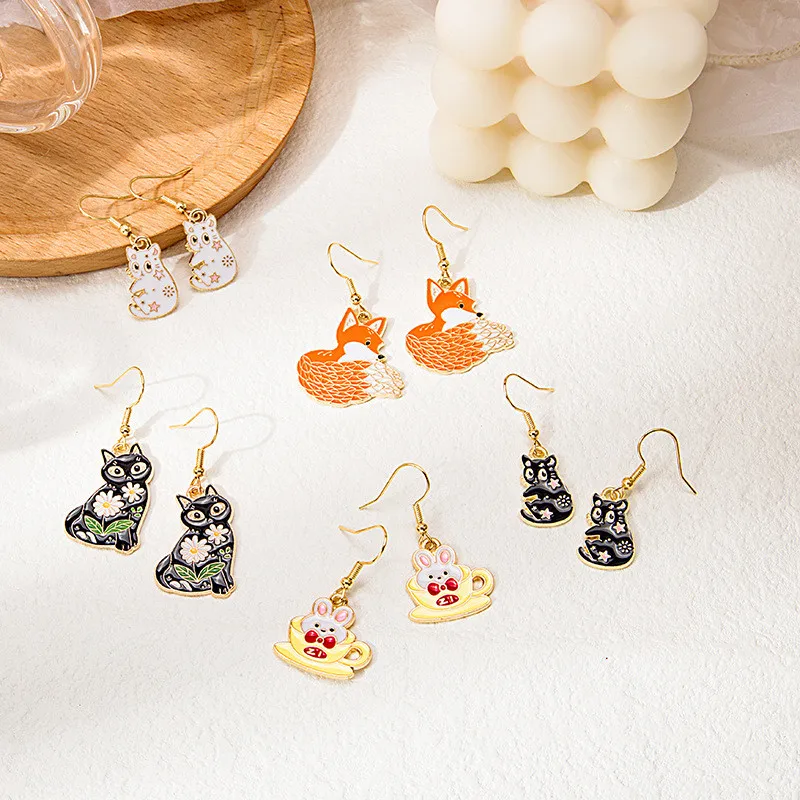 Cute Cat Fox Cow Enamel Pendant Earrings Fashion Simple Cartoon Animal Charms Stud Ear Jewelry Party Gifts For Women Girls