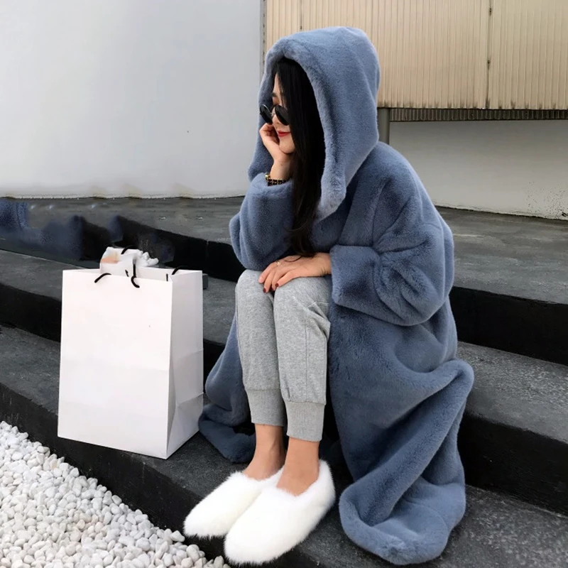 New Fashion Fur Coat Imitation Mink Velvet Fur Thickened Loose  Plush Hooded Jacket Female Warm Winter