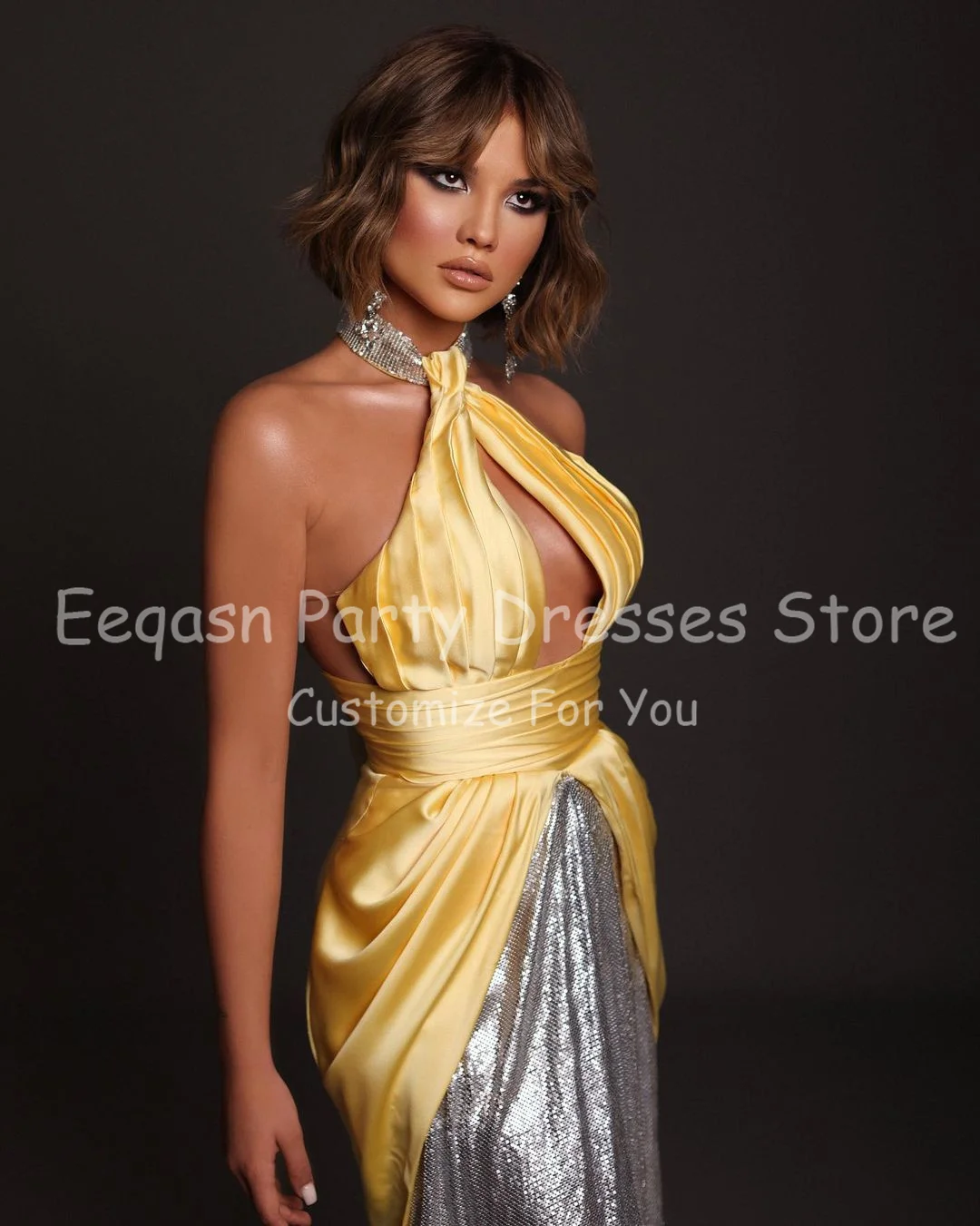 Eeqasn New Gold And Silver Evening Dresses Satin Sequines Halter Prom Party Gowns High Low Pleated Cut-out Women Formal Dress