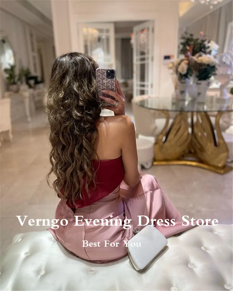 Verngo-vestido de noche largo de satén Rosa rubor, vestido de fiesta Formal para mujer, largo hasta el tobillo, sin tirantes, sencillo, para baile de graduación, Arabia Saudita