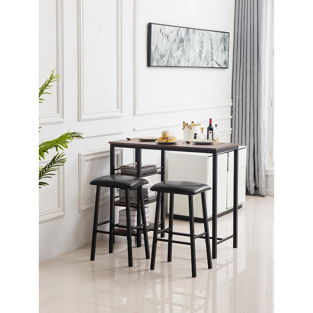 Bar Table Set PVC Wood Grain Three-Layer Frame Couple Bar Table Soft Bag Bar Stool (One Table and Two Stools)