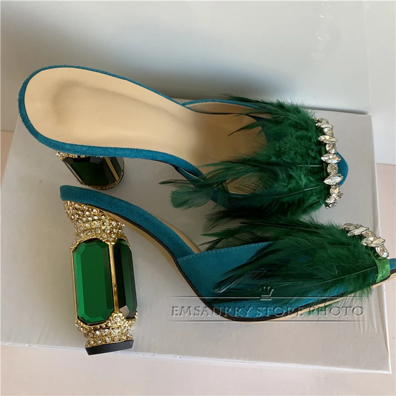 Jeweled Crystal Feather High Heel Sandals Women Luxury Rhinestone Diamond Heel Peep Toe Suede Shoes Woman Zapatos De Mujer