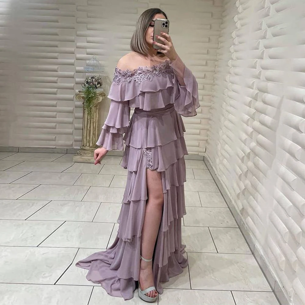 

Angelsbridep Arabic Evening Dress Beach Sleeves Lace Beaded Chiffon Tiered Celebrity Wedding Party Dress Prom Gowns Robe Soiree