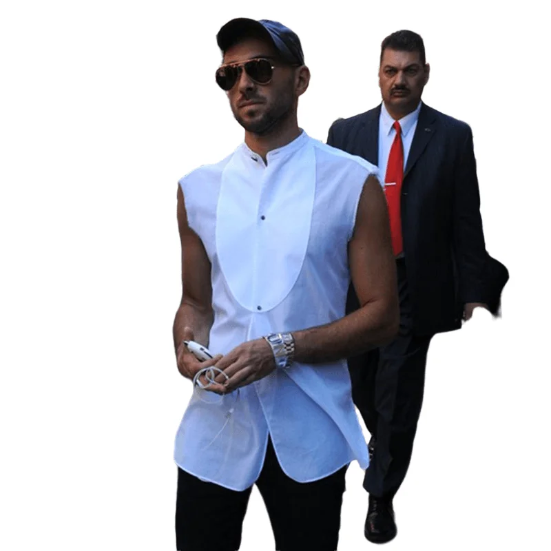 

Рубашка мужская без рукавов, стильная модная блуза с воротником-стойкой, однотонная, с заплатками в виде звезд, в уличном стиле, лето