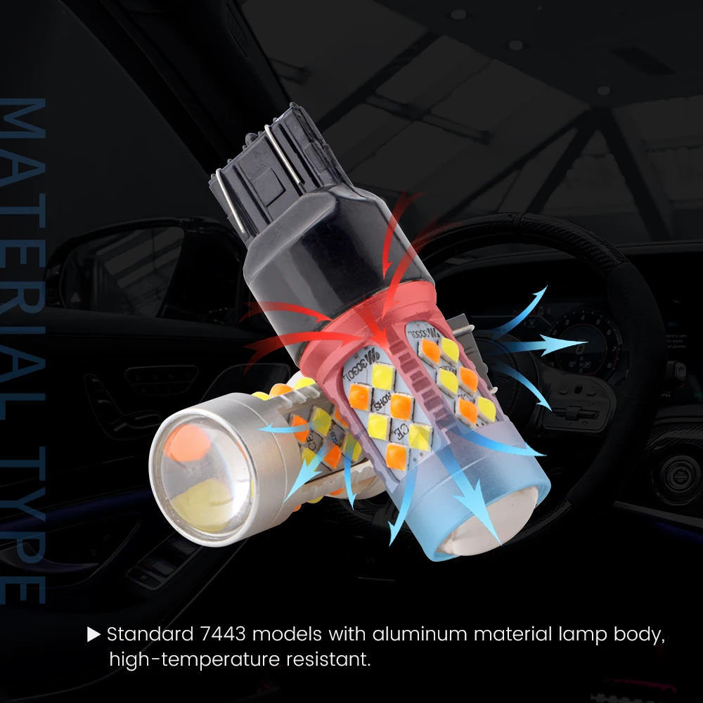 2pcs T20 7443 7444NA Switchback LED Bulbs White/Amber Dual Colors 3030 with Projector for Car Daytime Running Lights Turn Signal