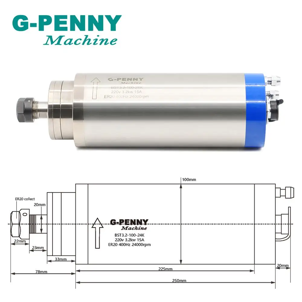 CNC Spindle Motor 220V 380V 3.2KW ER20 4pcs Bearings 100mm 400Hz Water Cooled Spinde Motor  CNC Wood Working Engraving Machine