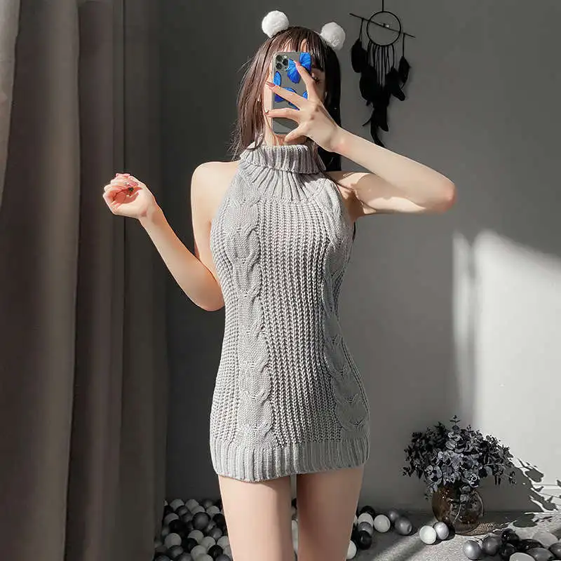 Cute Knitted Women Sexy Sweater Dress Japanese Backless Long Virgin Killer Turtleneck Sleeveless Gray Pullover Anime Style New image 2