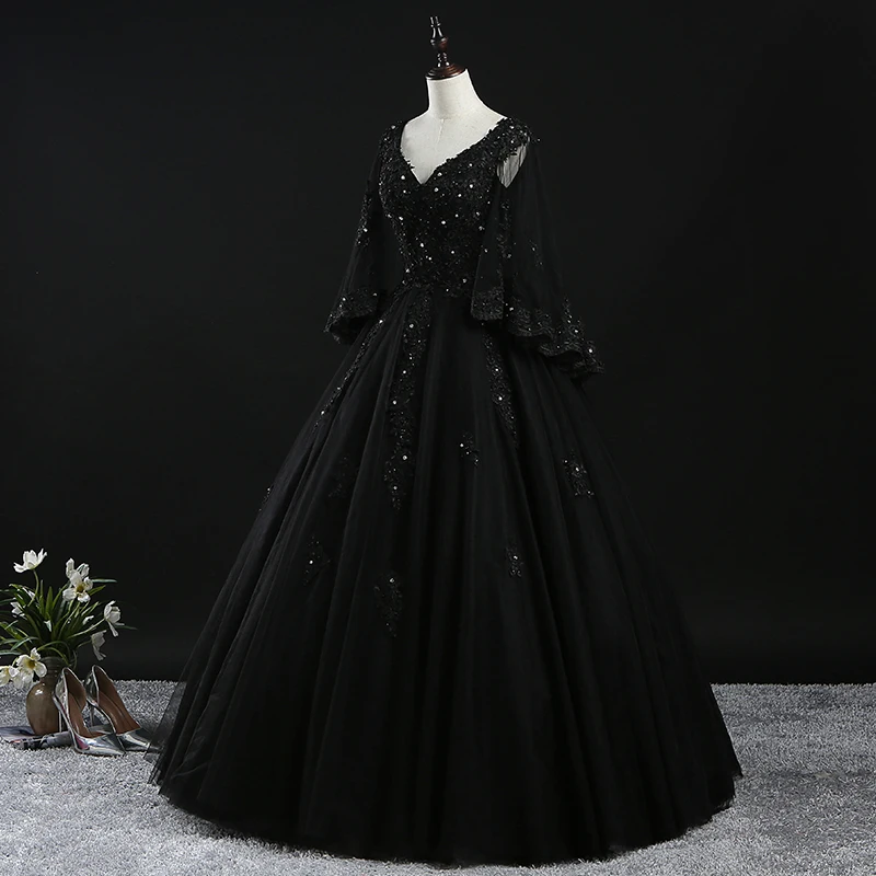 2023 Nieuwe Collectie Black Quinceanera Jurken Volledige Mouw V-hals Kralen Plus Size Baljurk Prom Party Jurken Vestido 15 Anos