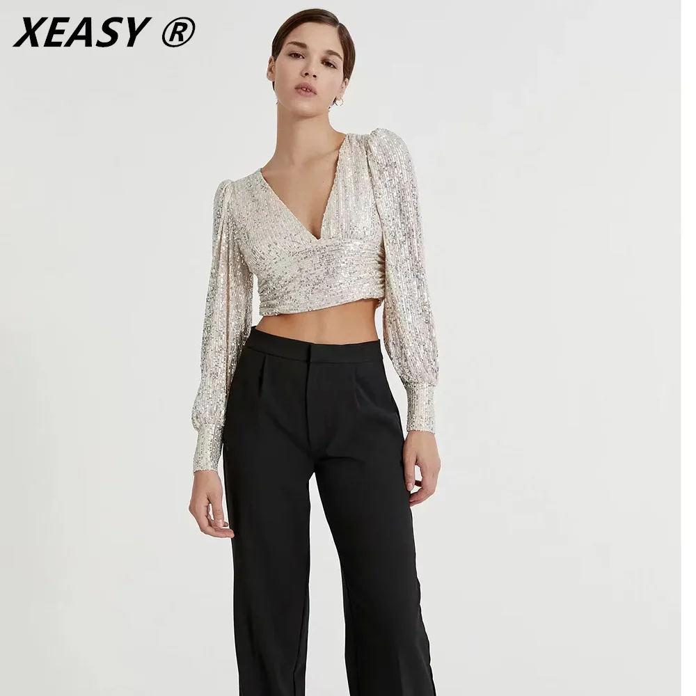 XEASY Women Sequined Tops 2021 Spring Fashion Ladies Vintage Silver Top Party Female Sexy V-Neck Tops Femme Girls Chic Clothes