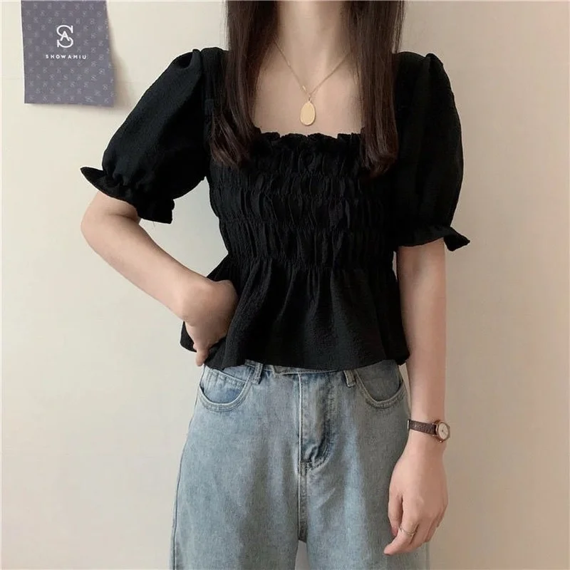 Blouses Women Puff Short Sleeve Cropped Solid Simple Korean Style Summer Student Gentle Feminino Tops All-match Fashion Leisure