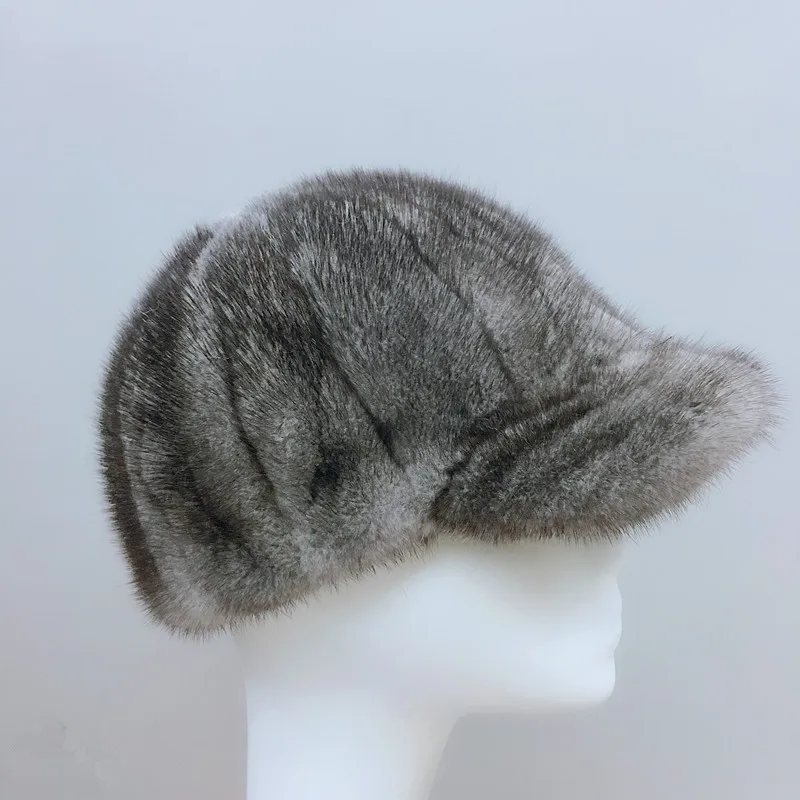 

Real Mink Fur Men Flat Hat Women Winter Warm Gray Baseball Cap Peaked Street Hip Hop for Ladies H4