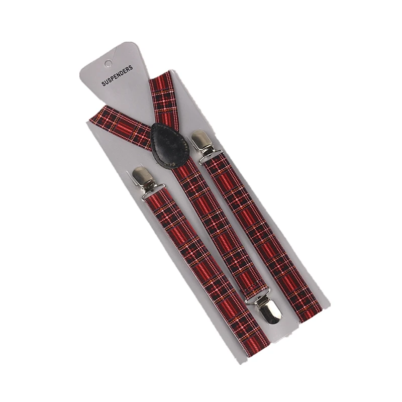 Winfox New Fashion Mens Women Adjustable Suspenders Red Plaids Clips On Y-Back Braces Elastic