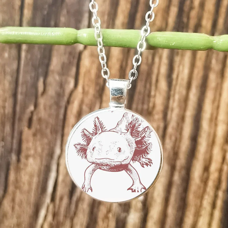 New Arrived Cartoon Axolotl Necklace Cute Animal Art Picture Glass Crystal Alloy Pendant Choker Jewelry Party Christmas Gift