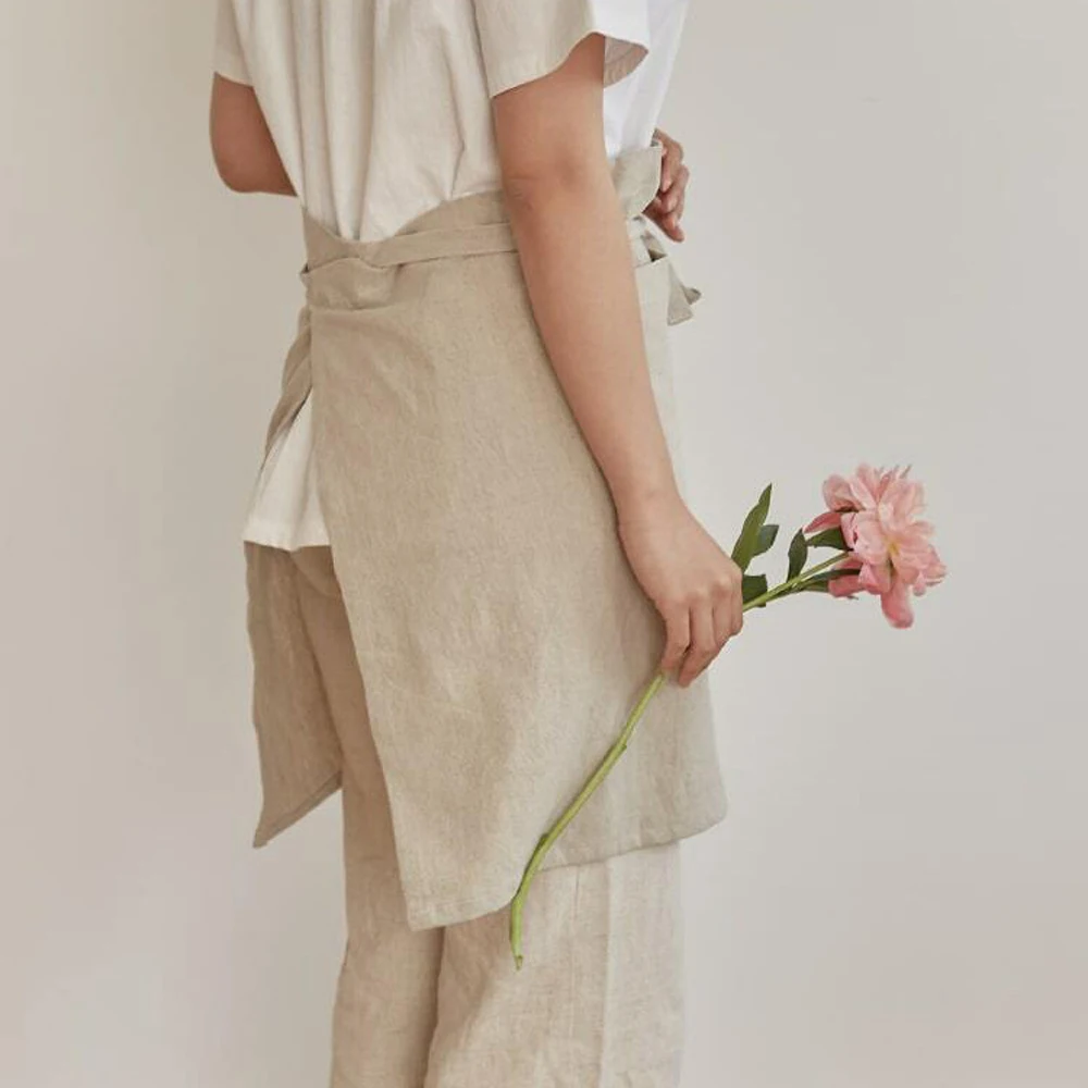 Japanese-style Korean-style half-length apron linen fabric Japanese and Korean simple fashion embroidered printing