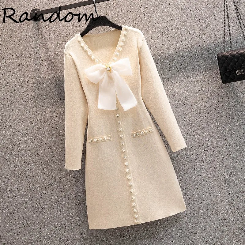 

Knit Party Dress Ladies Pearl buttons Clothes Bow V-neck Korean Long Sleeve Vintage Vestidos Mujer 2021 Winter Dresses For Woman