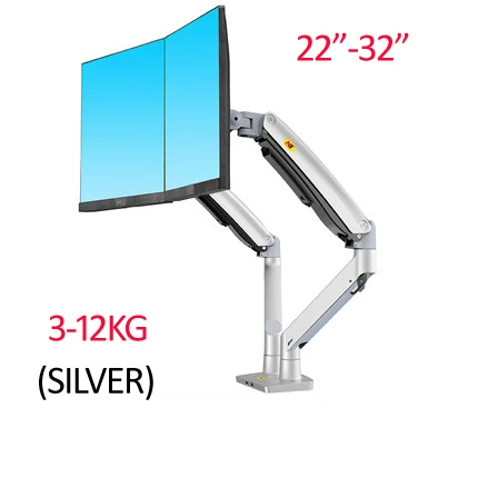 Support d'écran double pour ordinateur NB F195A en aluminium avec ressort à gaz, 22-32 pouces, mouvement complet, support pour deux moniteurs PC, capacité 3-12 kg