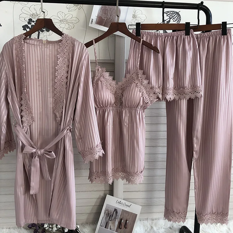 Spring Summer Women 4PCS Pajamas Set Sexy Nightwear Lace Bathrobe Nightgown Shorts Four-piece Suit Satin Sleepwear Home Wear