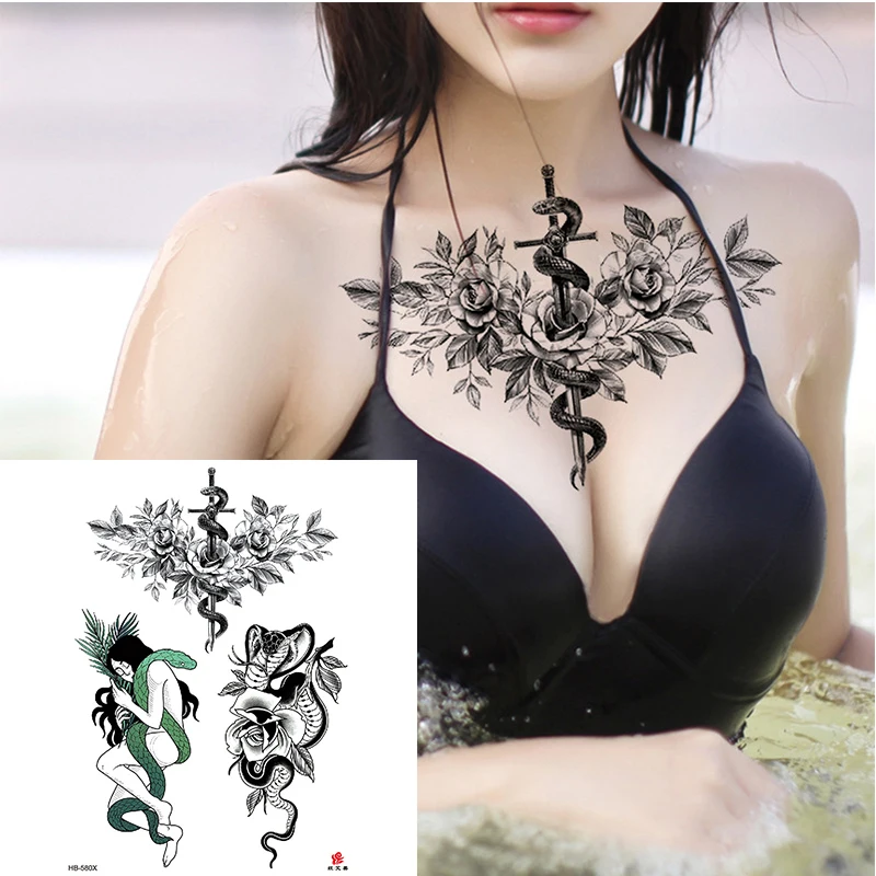 1Pc Beauty Women Black Flower Snake Waterproof Temporary Tattoo Girl Cool Body Art Sleeve DIY Glitter Arm Flash Exotic