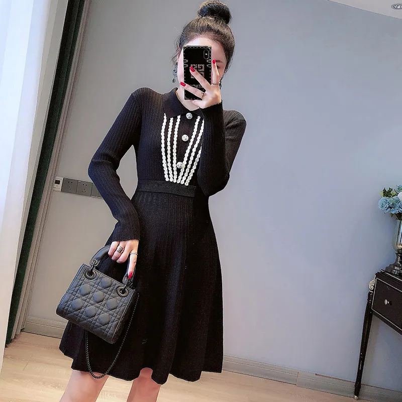 

Black Knit Dress for Women 2021 Fall Winter Sweater Dress Polo Collar Buttons Appliques A Line Pleated Vintage Dress Vestidos