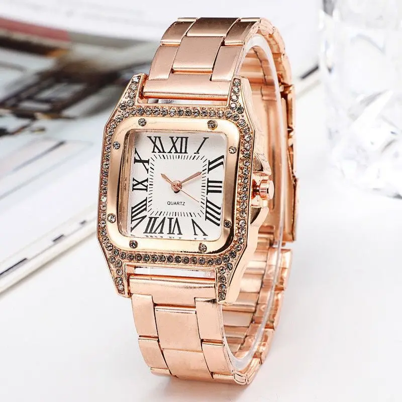 High quality fashion Business ladies casual stainless steel Rose Gold quartz watch Student Ladies square waterproof clock retro