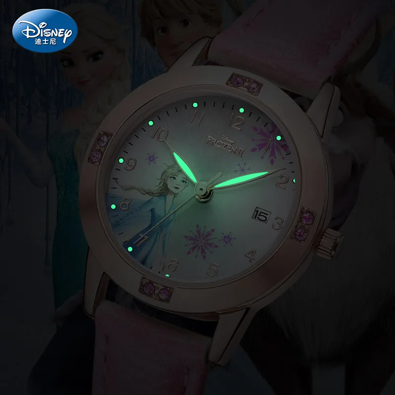 Disney Frozen Elsa Sofia Prinses Kinderen Meisje Horloges Student Horloges Pu Waterdicht Kalender Lichtgevende Japan Quartz Klokken