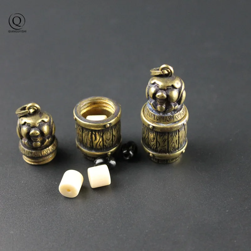 Brass Lovely Pig Sutra Cylinder Pendant Keychain Hanging Necklace Jewelry Pill Box Medicine Case Container Bottle Keychains