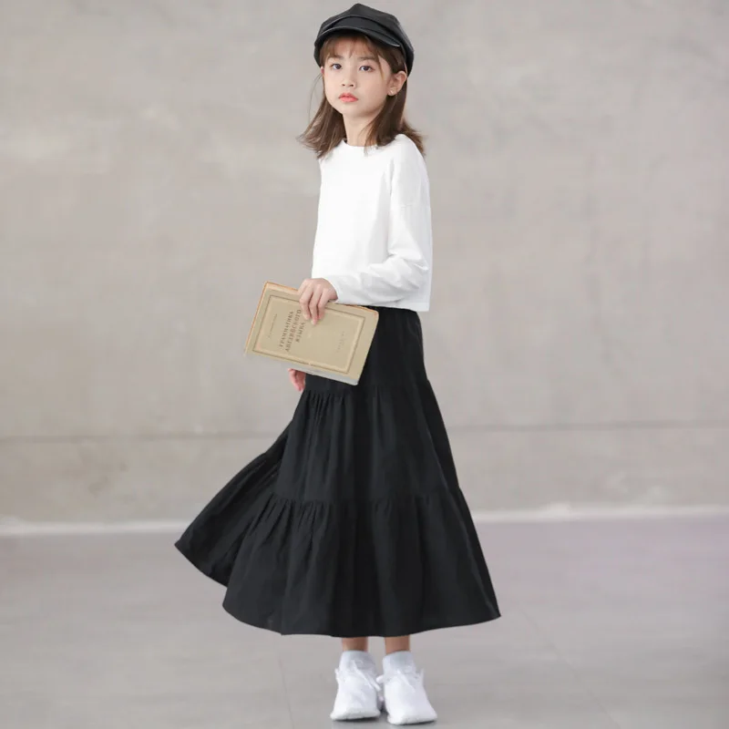 Black Casual Skirt for Kids Girl Cotton Elastic High Waist Tiered Ruffle Hem Long Swing Pleated Maxi Skirts 8-16 Years