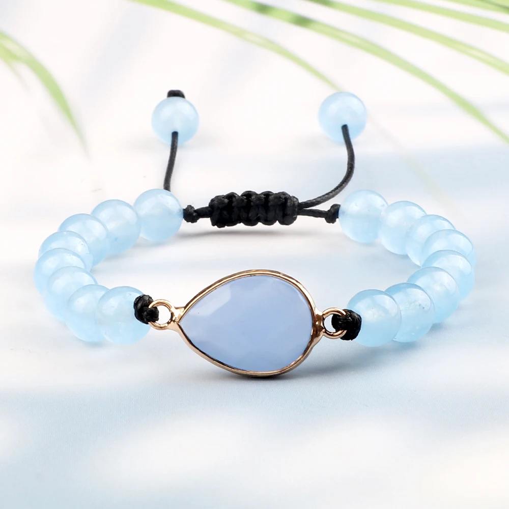 الأزياء 6 8MM الأزرق العقيق حبة سوار البيضاوي قطرة نوع حجر قلادة مضفر سوار زوجين قابل للتعديل مجوهرات هدية