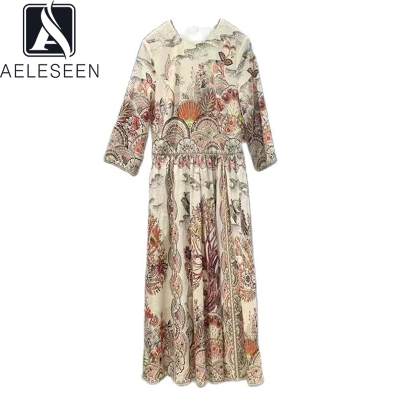 AELESEEN 100% Cotton Women Dress 2021 High Quality Designer Spring Sumer Flower Print Beige Black With Belt Elegant Long Dress