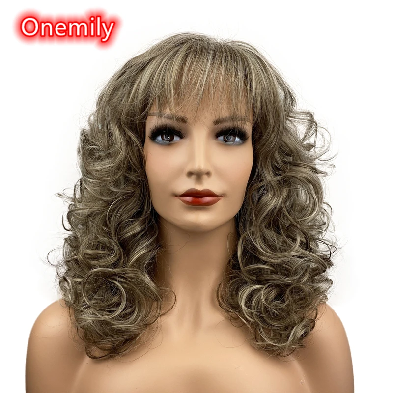 

Onemily Medium Length Wavy Curly Heat Resistant Synthetic Hair Wigs for Women Girls with Bangs Party Evening Out