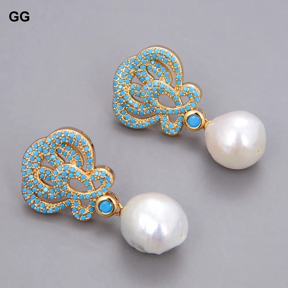 G-G Natural Keshi Baroque White Pearl Gold Color Plated Turquoise Blue Cz Flower Drop Earrings For Women