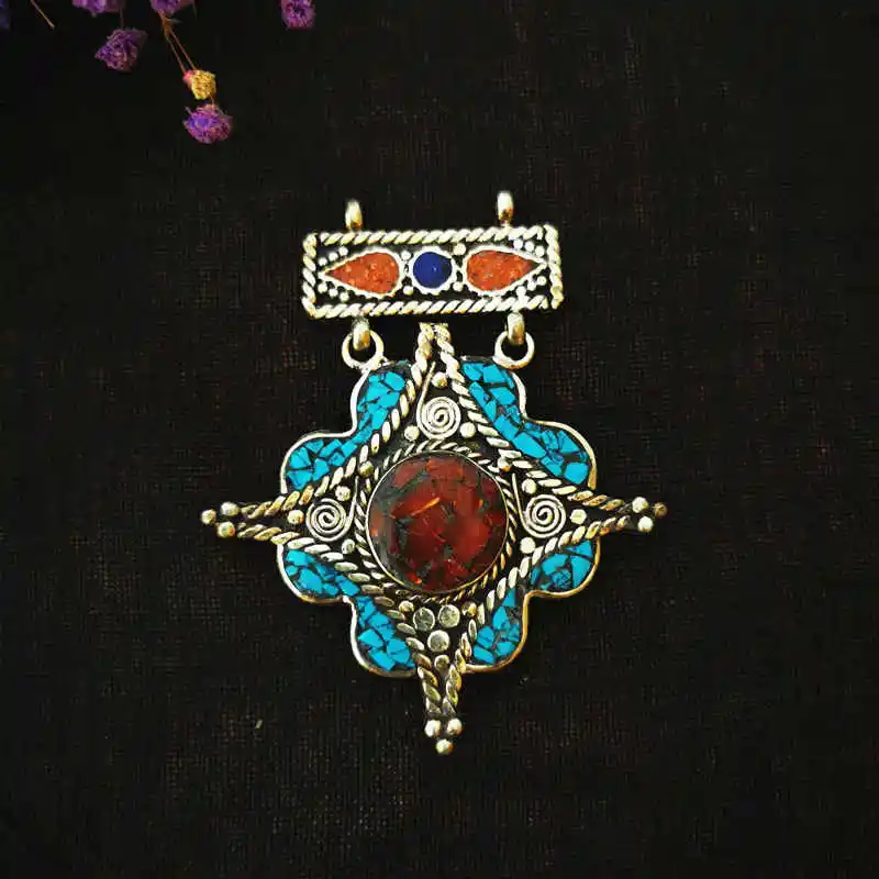 TBP404 Nepal Indian Pendant Copper Inlaid Colorful Stone Vintage Jewelry Big Pendants for Girl