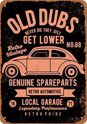 Metal Sign - Old Dubs Genuine Spare Parts VW (Black Background) - Vintage Look Wall Decor for Cafe beer Bar Decoration Crafts