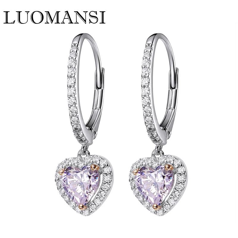 Luomansi Super Flashing Heart-Shaped High Carbon Diamond Earrings S925 Sterling Silver Jewelry Girlfriend Gift Party