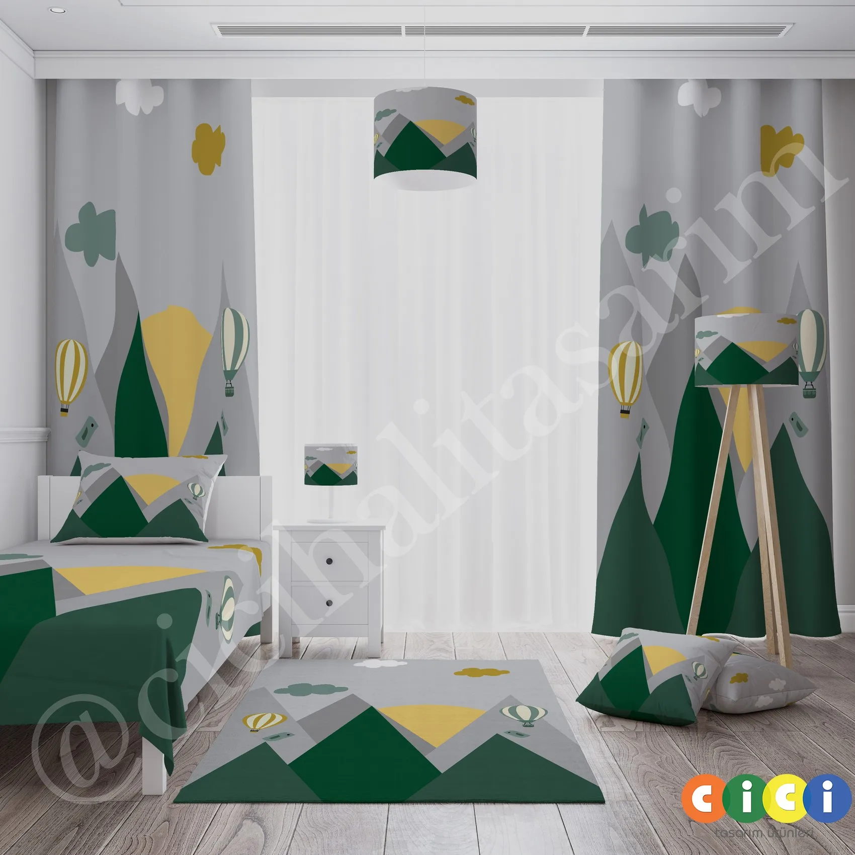 Cici Children Room Curtain İskandinav Mountains Flying Balloon Carpet